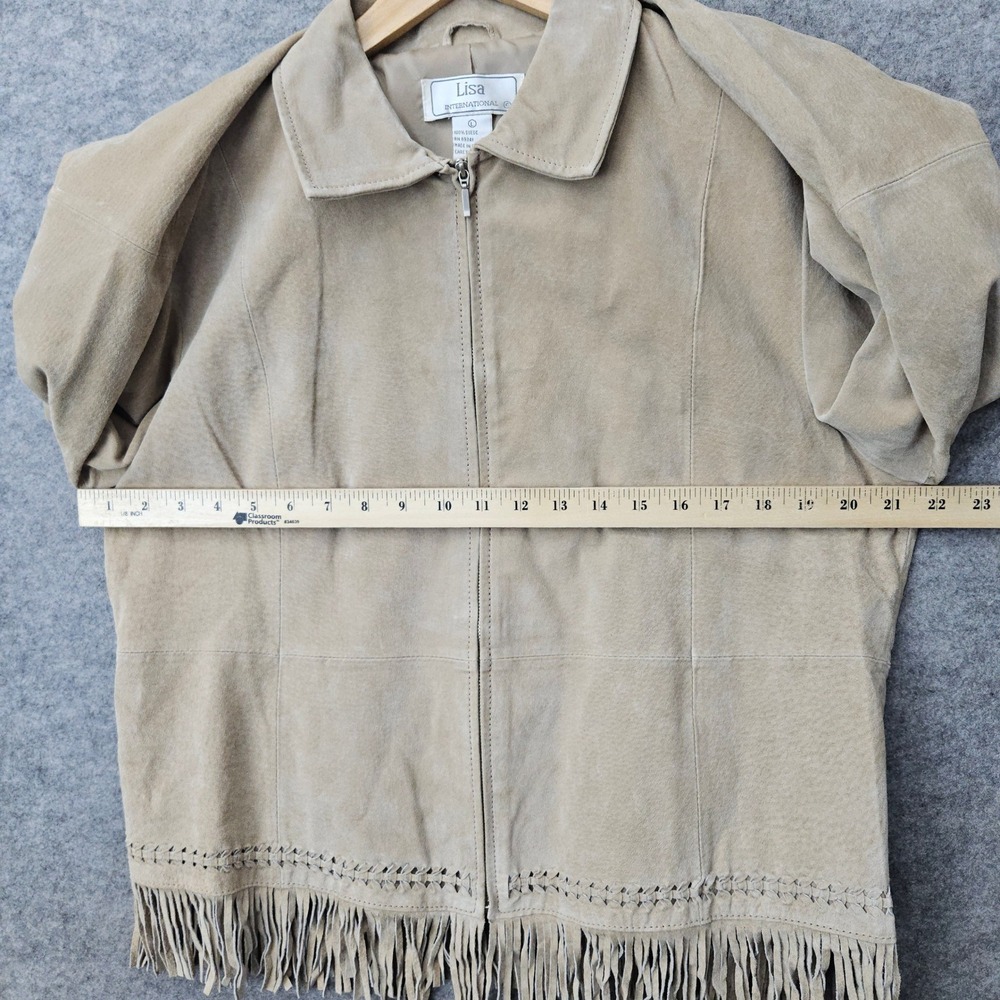Lisa International Women Tan Suede Fringe Jacket Size L Leather Western Boho Zip - Picture 7 of 10